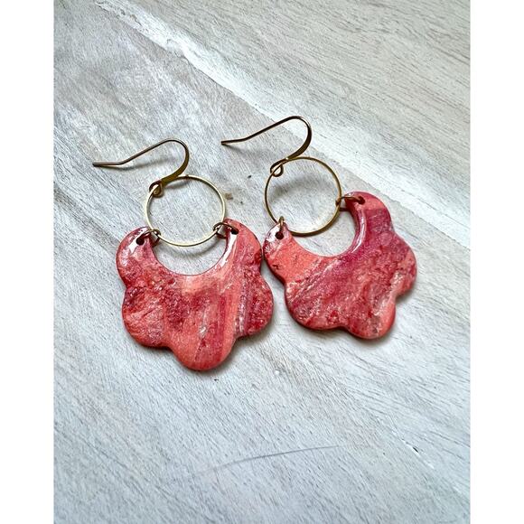 Earrings Statement Earrings Handcrafted Gold Pink Scalloped Arches - Picture 1 of 6